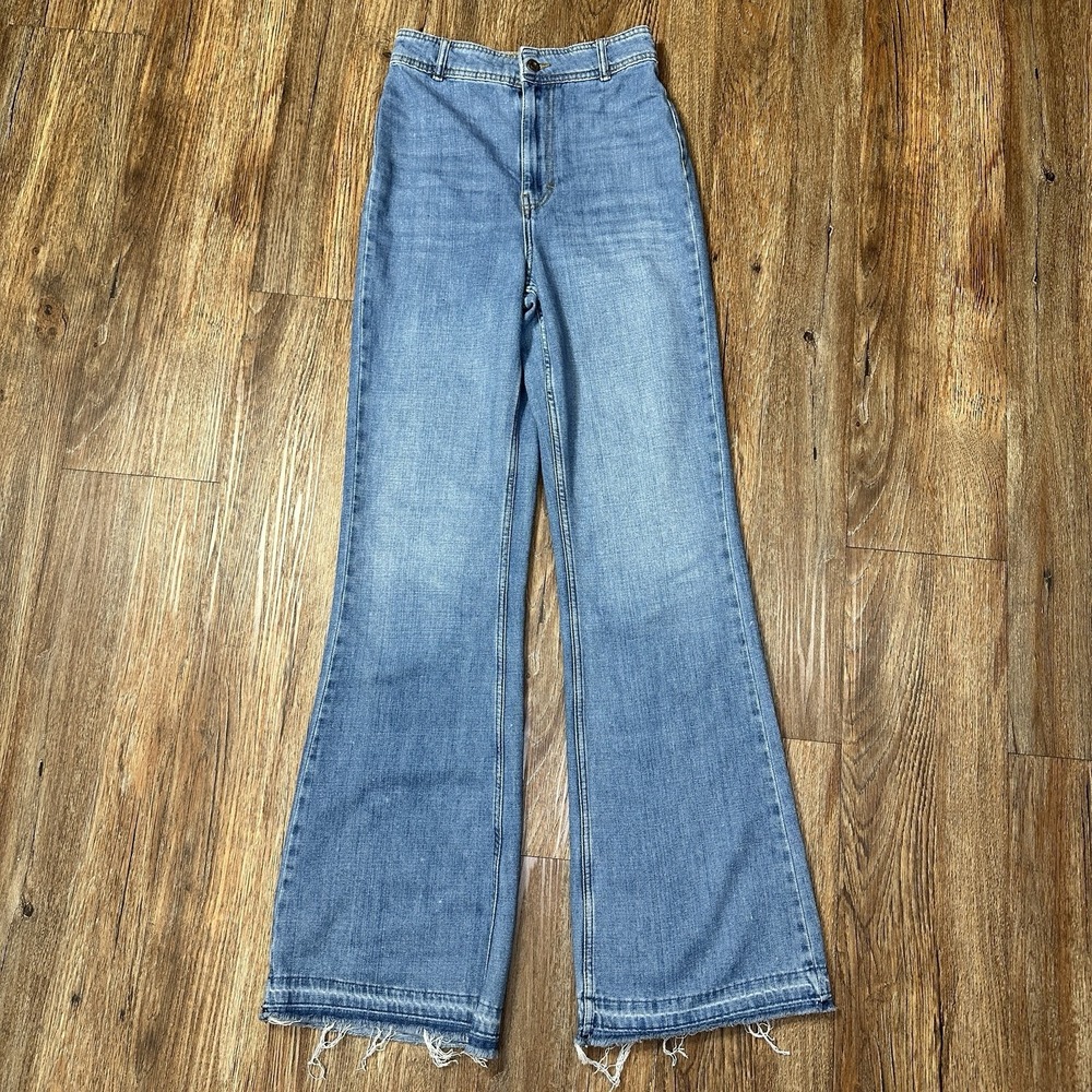 Free People We The Free Womens 27 High Rise Flare Jeans Raw Hem Medium Wash
